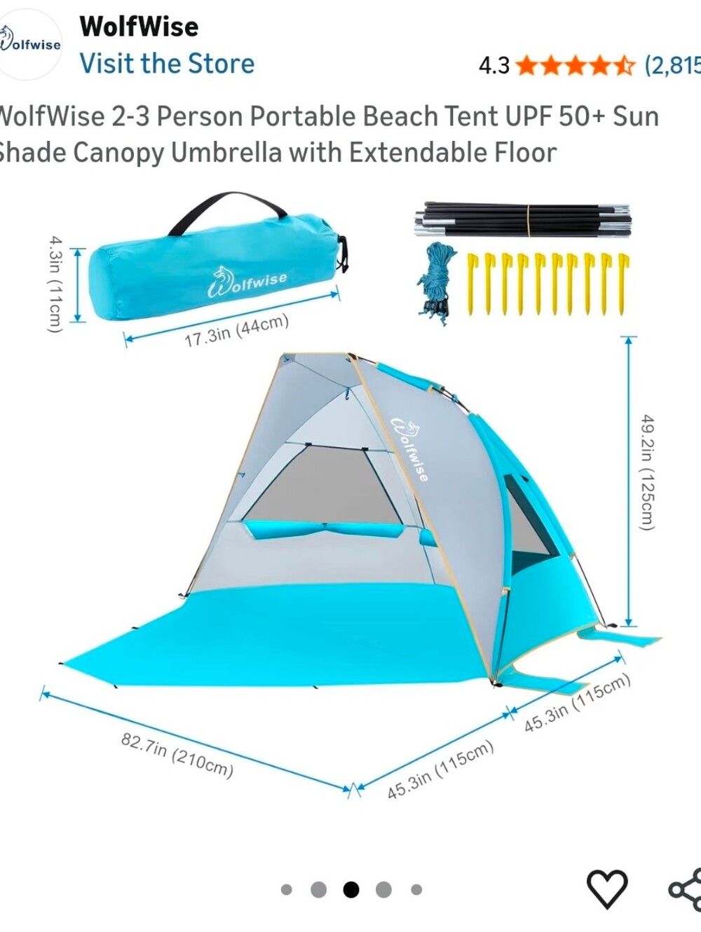WolfWise Portable Beach Tent Canopy in Turquoise & Gray NEW